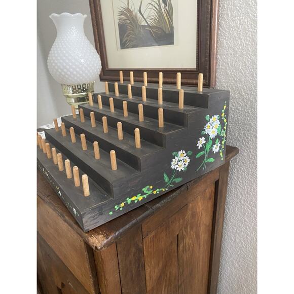 Vintage Wooden Thread Bobbin Rack Spool Holder Handmade Hand Painted Sewing Room - Picture 2 of 8